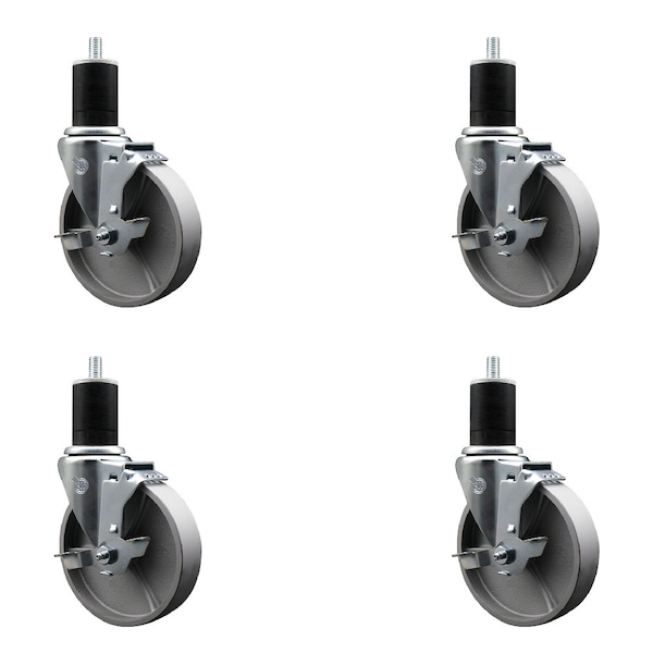 5'' Semi Steel Swivel 1-3/4'' Expanding Stem Caster Set with Brake, 4PK